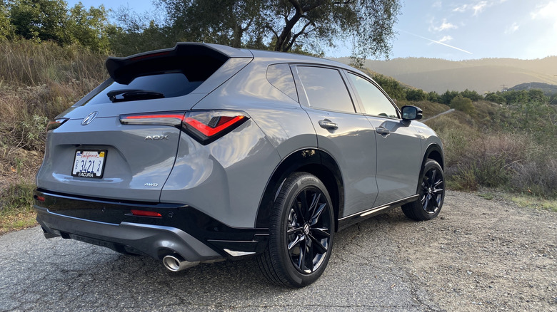 rear three quarters shot of the gray ADX in front of mountains