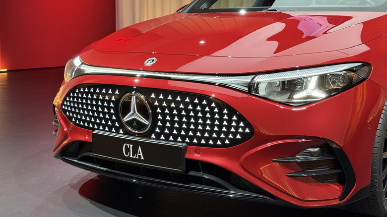 Front end of a red Mercedes-Benz CLA EV