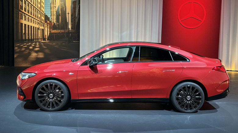 Side view of a red Mercedes-Benz CLA EV