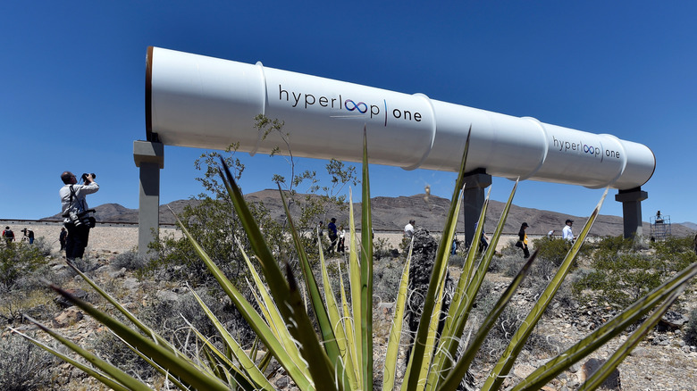 Hyperloop tubes are displayed during the first test of the propulsion system at the Hyperloop One Test and Safety site on May 11, 2016 in North Las Vegas, Nevada.