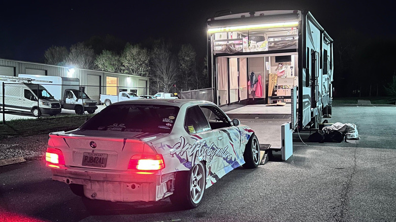 Drift car being loaded into a trailer