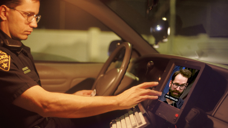 A cop interacts with a screen in a cruiser, edited to show Matt Walsh on the screen saying 