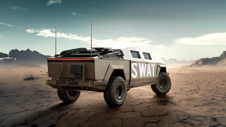 A rendering of a Tesla Cybertruck in a poorly designed SWAT livery