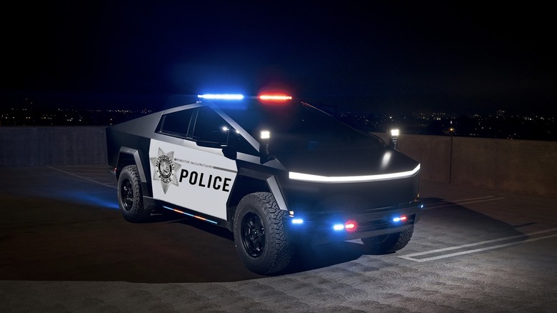 A rendering of a Tesla Cybertruck in a hastily edited LVMPD livery