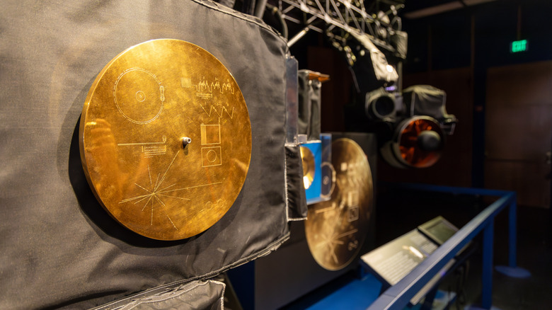 NASA's Voyager Golden Record, sent into deep space in 1977, on display at JPL. Earth's message to the cosmos with diverse sounds, images, and human culture.