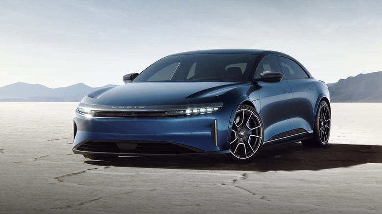 Front 3/4 view of a blue Lucid Air Sapphire