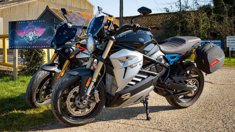 wo Energica electric EV motorcycles parked outside the English Electric Motor Co (EEMC). In front is an Energica Esse Esse, and behind an Energica Ribelle RS. Energica are market leaders based in Italy for the manufacture of electric motorcycles.