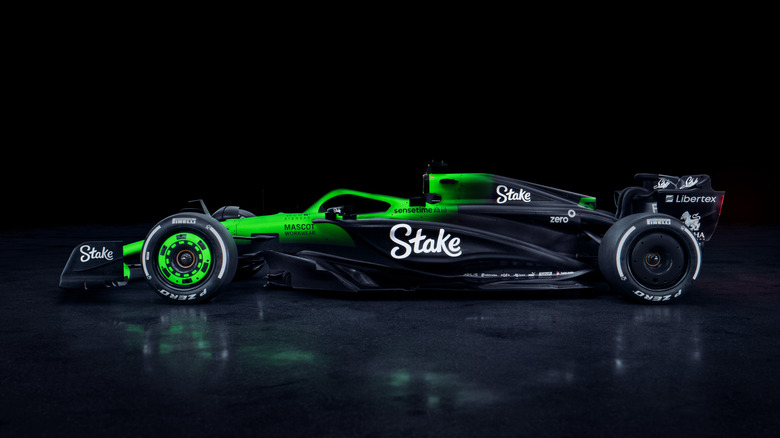 A photo of the black and green Kick Sauber F1 car.