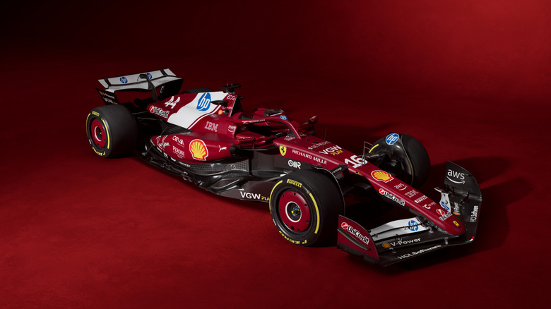 A photo of the red and white Scuderia Ferrari F1 car.