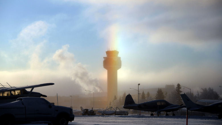 An ice rainbow appears through ice fog at Ted Stevens Anchorage International Airport on January 6, 2020 in Anchorage, Alaska.