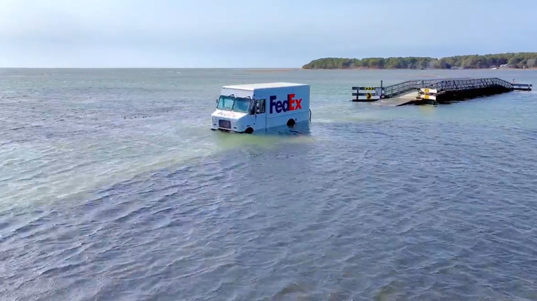 FedEx truck stuck on causeway