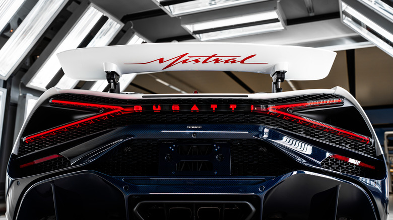 Rear end detail of a white Bugatti W16 Mistral