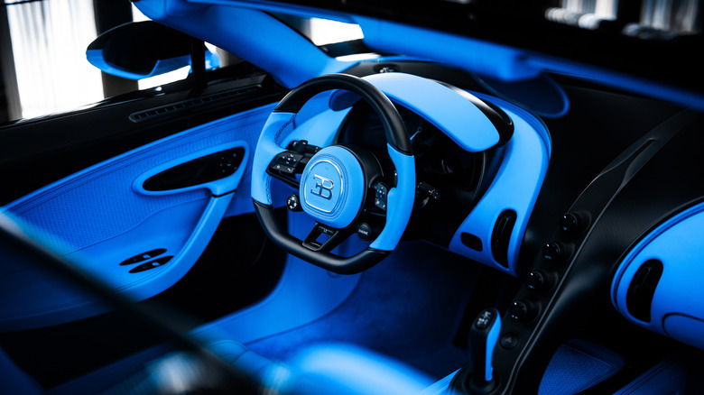 Blue interior of a Bugatti W16 Mistral