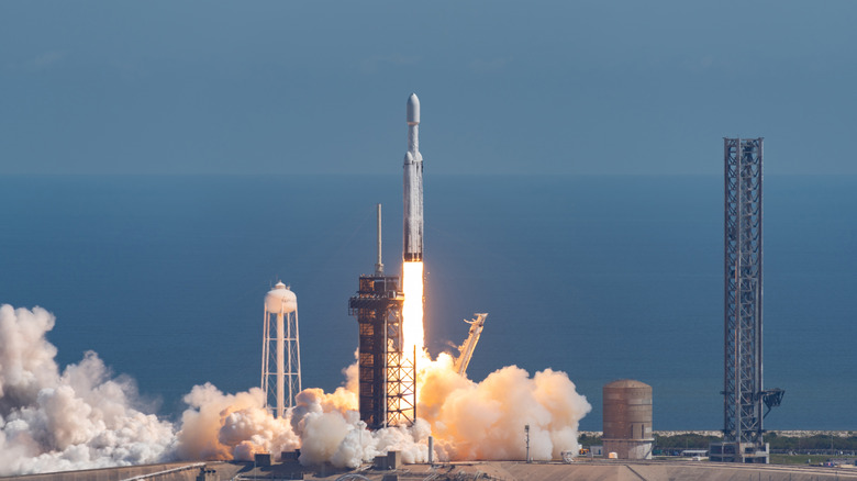 SpaceX's Falcon Heavy is seen from the roof of NASA's Vehicle Assembly Building launching the Europa Clipper spacecraft at 12:06 P.M.