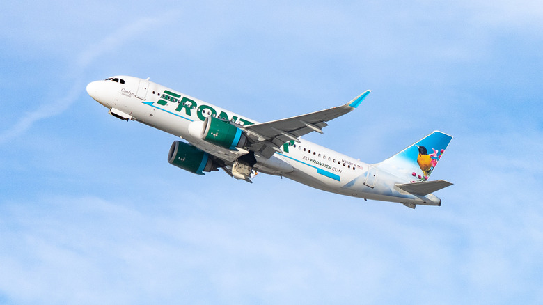 Frontier Airlines Airbus A320-251N, featuring Cookie the Oriole takes off from Los Angeles International Airport on January 24, 2025 in Los Angeles, California.