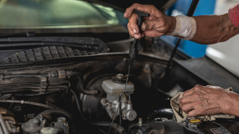 A mechanic checks a transmission dipstick