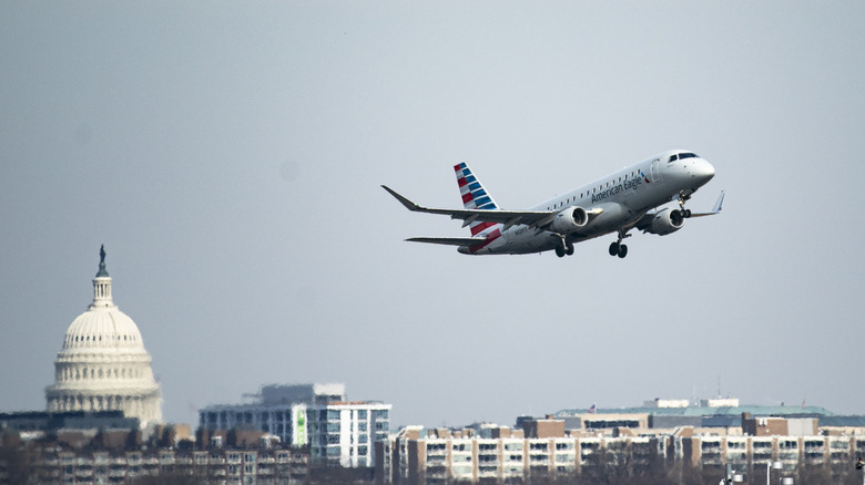 A photo of a plane taking off from Ronald Reagan National Airport.