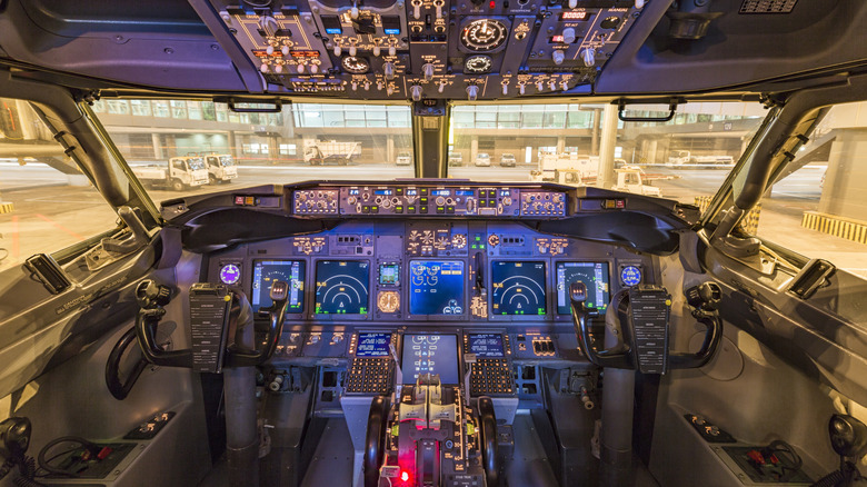 A photo inside the cockpit of a plane.