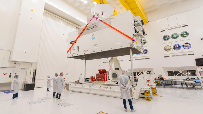 A photo inside a NASA clean room assembling satellites.