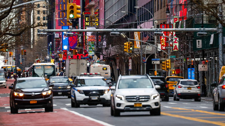 E-ZPass readers and license plate-scanning cameras are seen on 42nd Street in Manhattan on February 19, 2025 in New York City. The U.S. Department of Transportation is withdrawing its support for New York City's congestion pricing plan