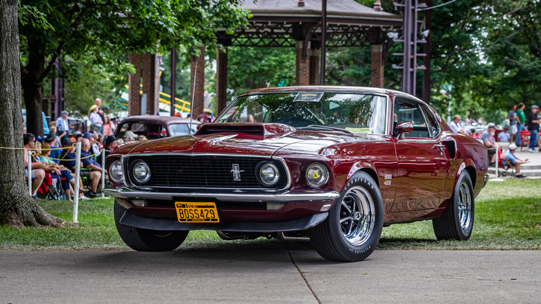 Front 3/4 view of a red Ford Mustang Boss 429