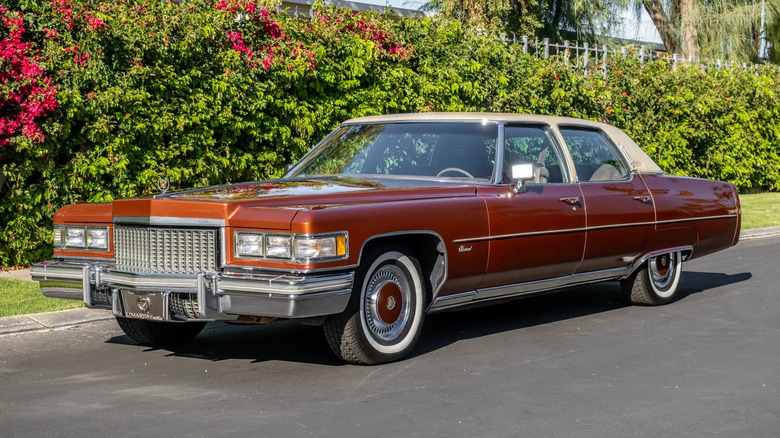 front three quarters of a brown Cadillac fleetwood aparked in front of bushes