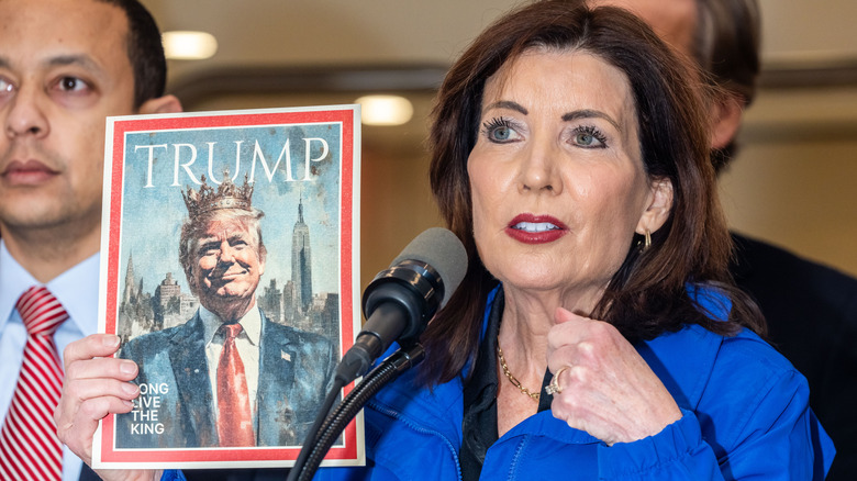 New York Governor Kathy Hochul addresses the media following President Trump's efforts to kill New York's congestion pricing on February 19, 2025 in New York City.