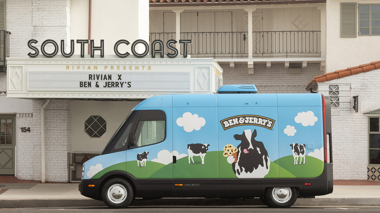 A new Rivian RCV built out as a Ben & Jerry's ice cream truck.