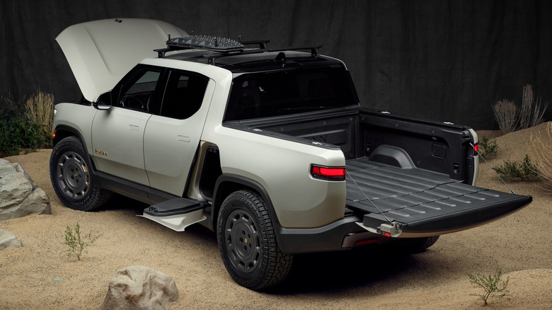 Rear 3/4 view of a Rivian R1T California Dune Edition