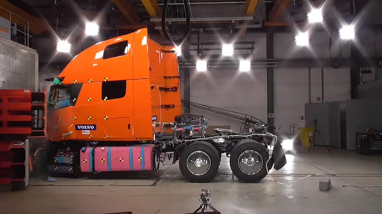 A photo of a Volvo truck crash testing.