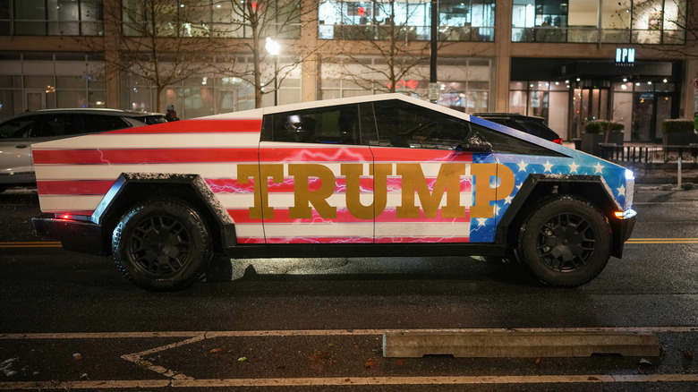 A Donald Trump-adorned Tesla Cybertruck sits in traffic on January 19, 2025 in Washington, DC. U.S. President-elect Donald Trump and Vice President-elect JD Vance will be sworn in on January 20.