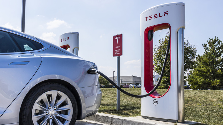 Tesla Supercharger Station. The Supercharger offers fast recharging of the Model S and Model X electric vehicles.