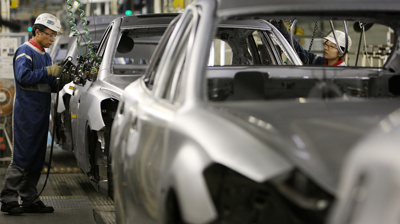 A photo inside a car factory in Japan.