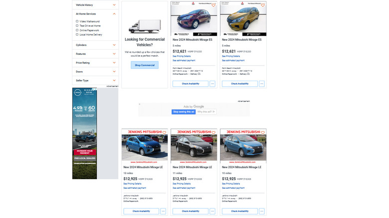 a screenshot of AutoTrader showing 5 new Mitsubishi Mirages listed for under $13,000