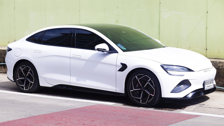 Front 3/4 view of a white BYD sedan