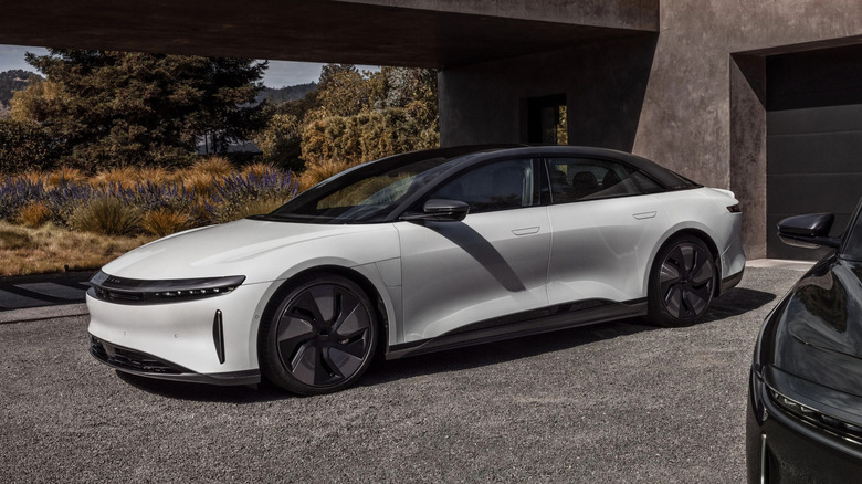 Front 3/4 view of a white Lucid Air