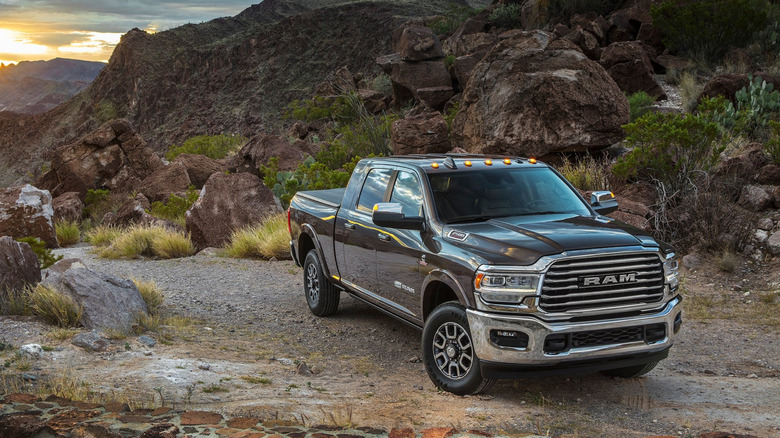 A photo of a Ram truck at sunset.