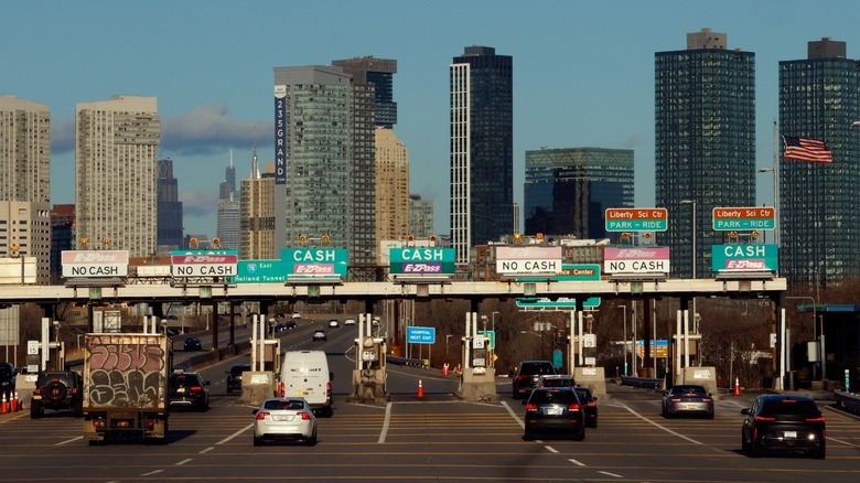 JERSEY CITY, NJ - FEBRUARY 1: Vehicles approach a toll plaza on the New Jersey Turnpike on February 1, 2025, in Jersey City, New Jersey.