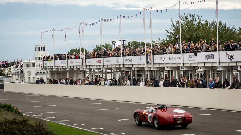 Vintage cars take part in a race during day one of the 2024 Goodwood Revival at Goodwood Motor Circuit on September 06, 2024 in Chichester, England.