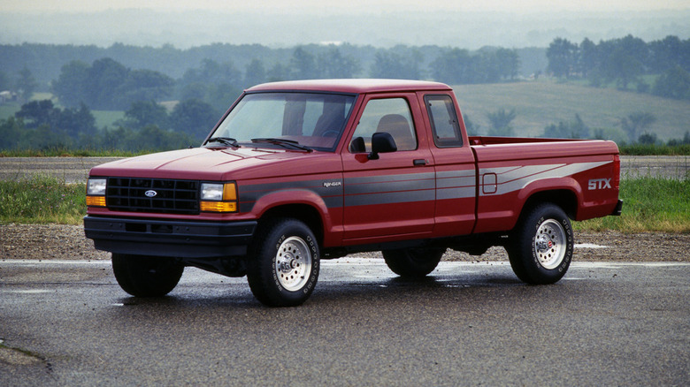 A red Ford 1989 Ranger truck