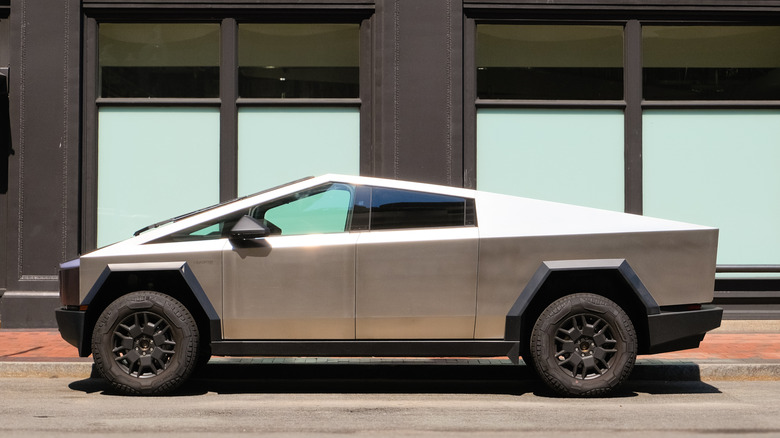 A photo of a silver Tesla Cybertruck.