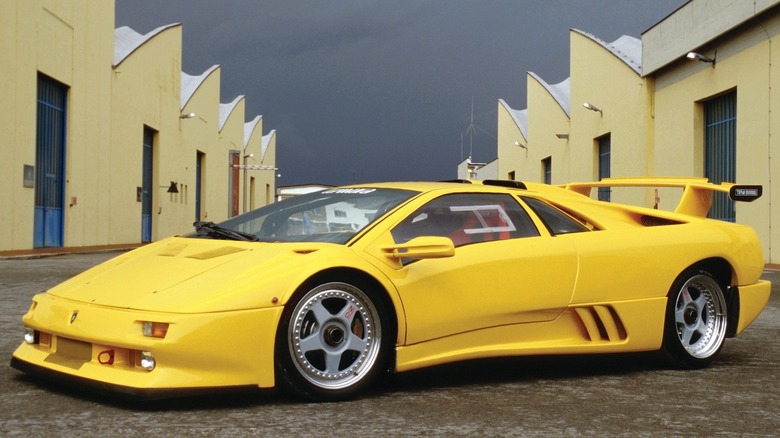 A photo of a yellow Lamborghini Diablo supercar.