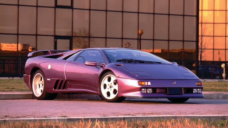 A photo of a purple Lamborghini  Diablo supercar.