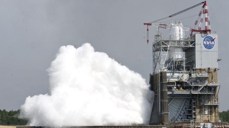 A photo of a rocket engine firing in a test.