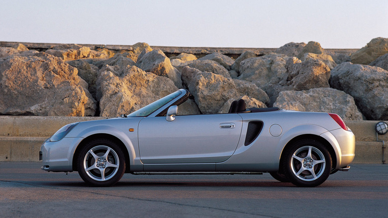 A photo of a silver Toyota MR2 sports car.