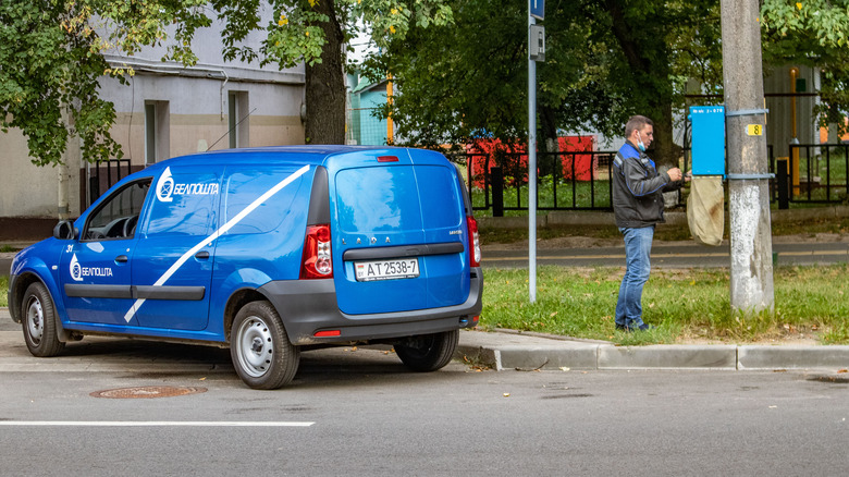 A parked Belposhta Lada Largus in Minsk, Belarus.