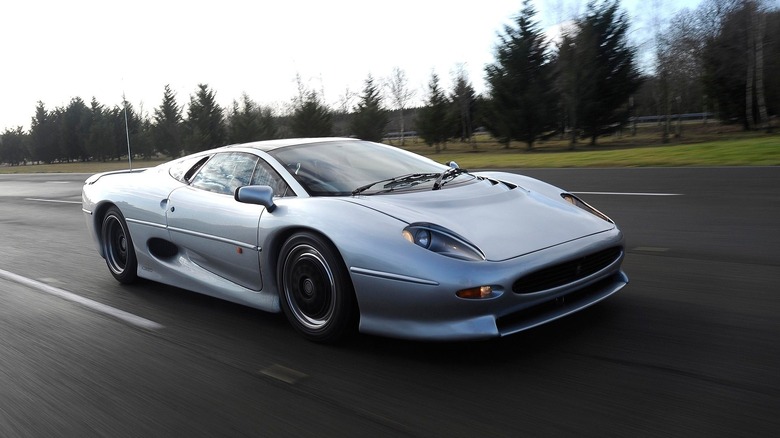 A photo of a silver Jaguar XJ220 supercar.