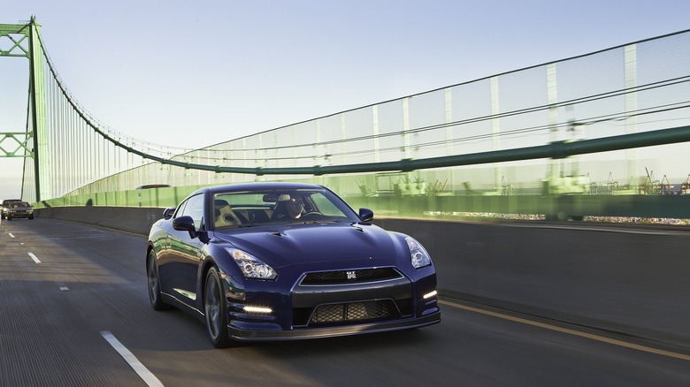 A photo of a purple Nissan GT-R sports car.