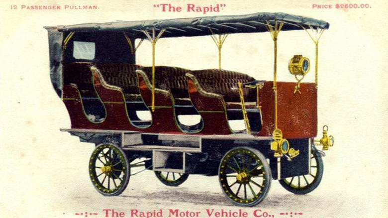 An illustrated advertisement for a Rapid 12-passenger pullman vehicle.