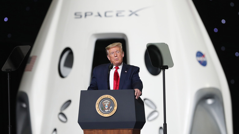 U.S. President Doanld Trump speaks after the successful launch of the SpaceX Falcon 9 rocket with the manned Crew Dragon spacecraft at the Kennedy Space Center on May 30, 2020 in Cape Canaveral, Florida.